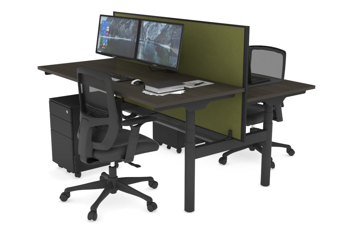 Flexi Premium Height Adjustable 2 Person H-Bench Workstation - Black Frame [1400L x 700W] Jasonl dark oak green moss (820H x 1400W) black cable tray