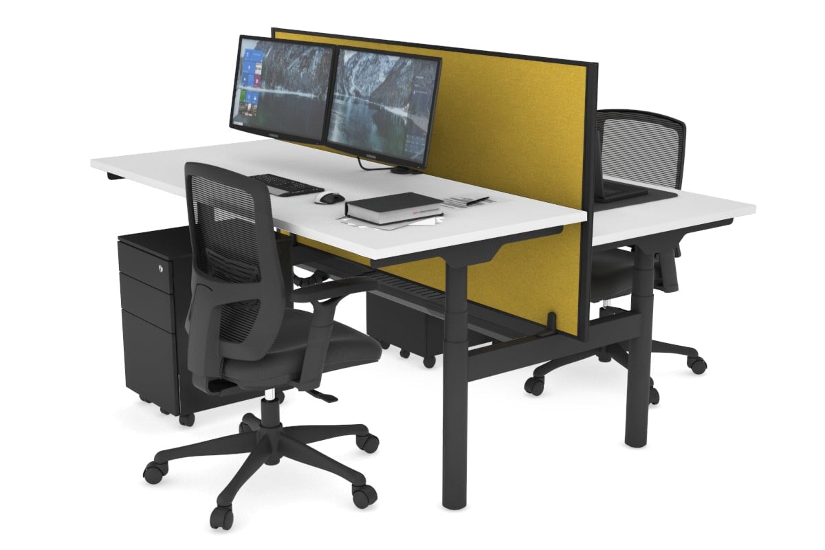 Flexi Premium Height Adjustable 2 Person H-Bench Workstation - Black Frame [1400L x 700W] Jasonl white mustard yellow (820H x 1400W) black cable tray