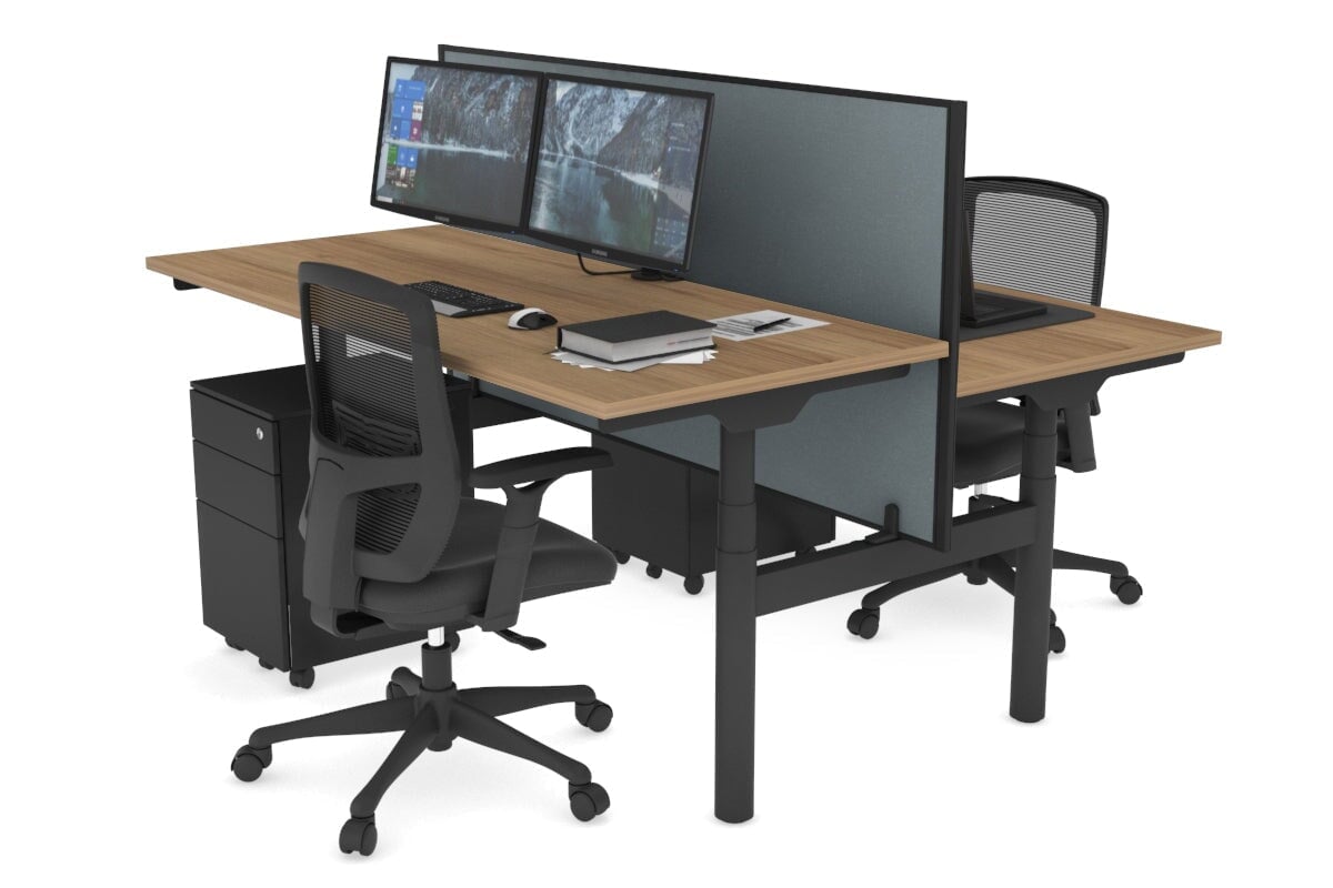 Flexi Premium Height Adjustable 2 Person H-Bench Workstation - Black Frame [1400L x 700W] Jasonl salvage oak cool grey (820H x 1400W) none