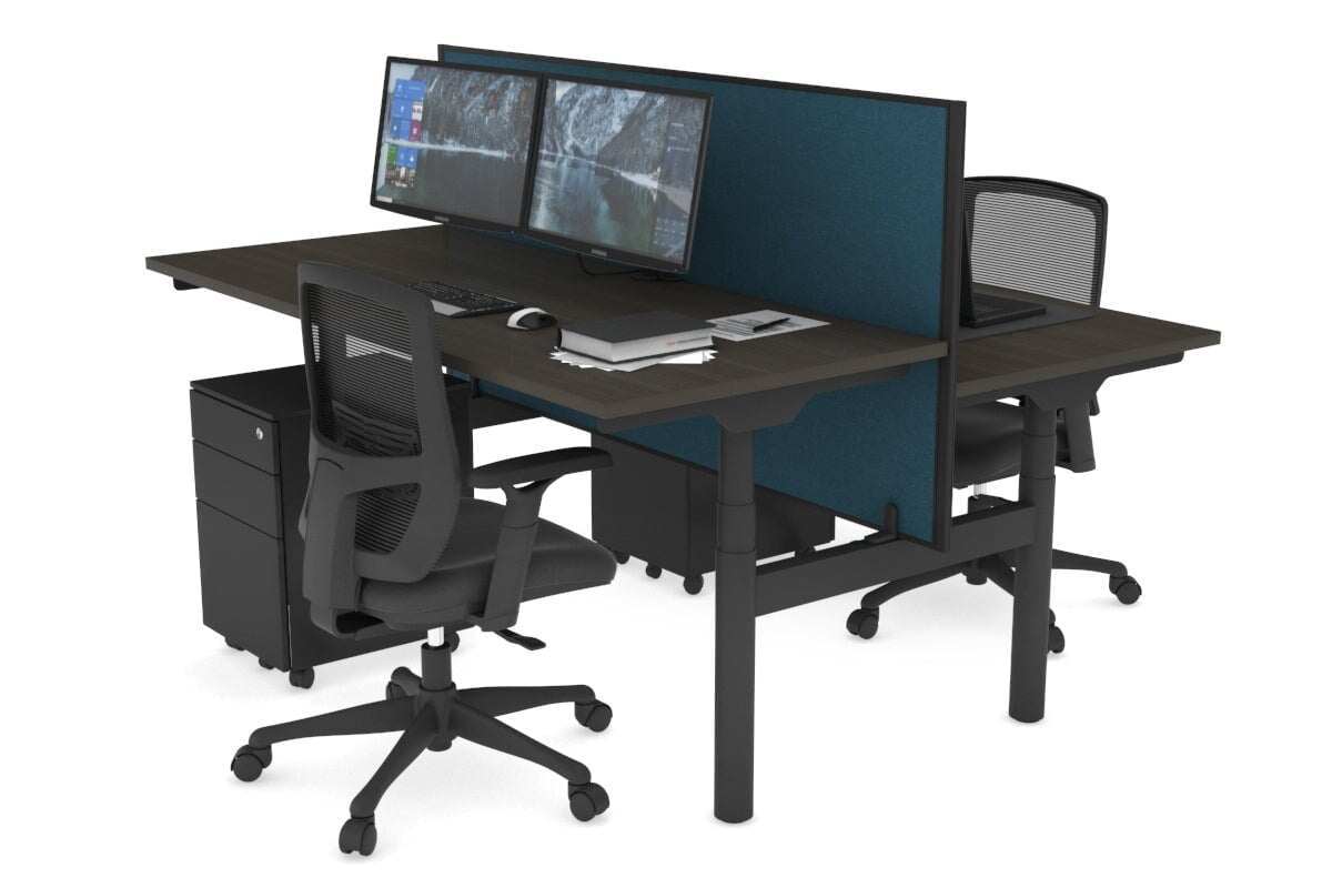 Flexi Premium Height Adjustable 2 Person H-Bench Workstation - Black Frame [1400L x 700W] Jasonl dark oak deep blue (820H x 1400W) none