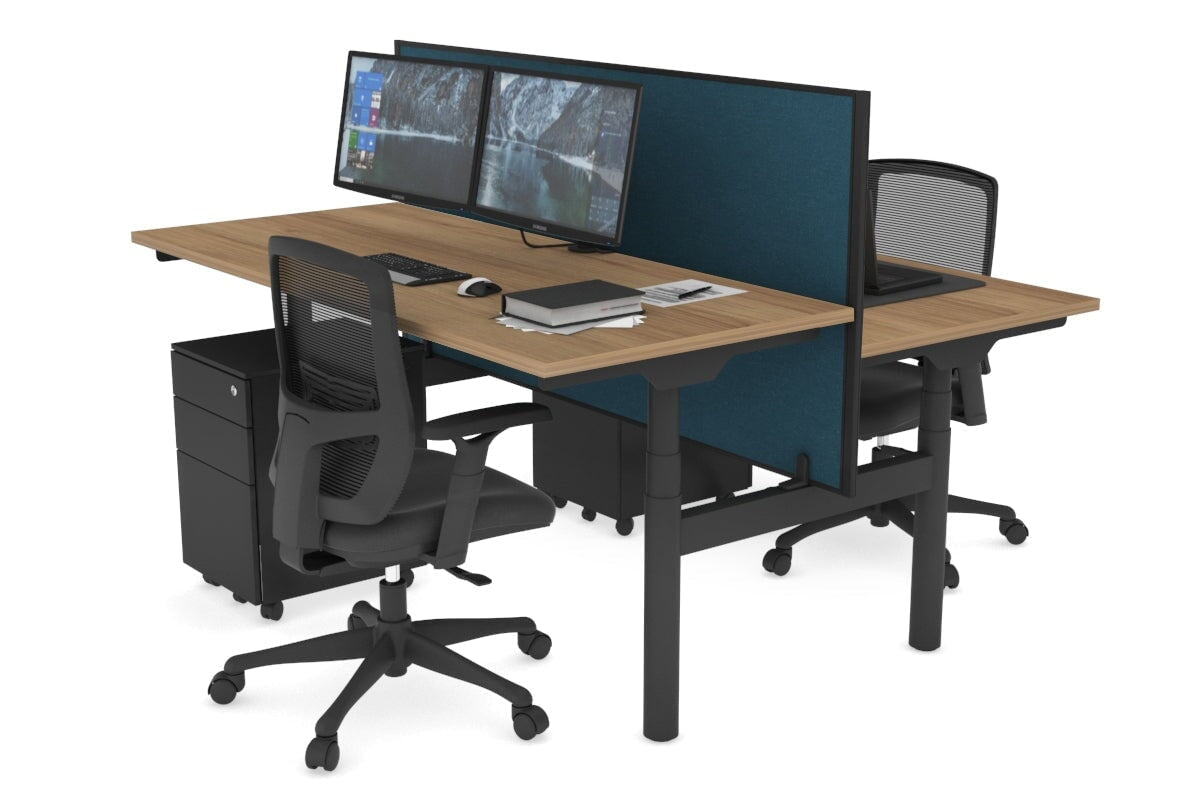 Flexi Premium Height Adjustable 2 Person H-Bench Workstation - Black Frame [1400L x 700W] Jasonl salvage oak deep blue (820H x 1400W) none