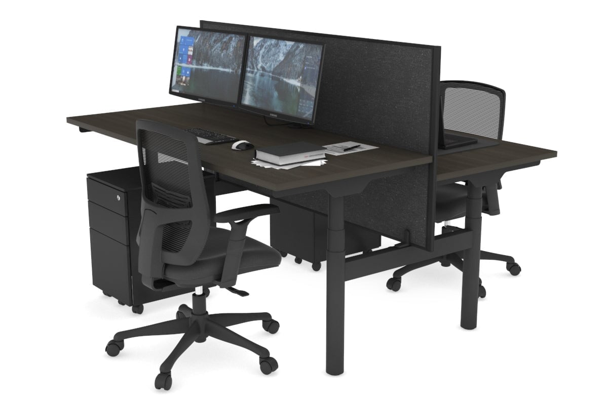 Flexi Premium Height Adjustable 2 Person H-Bench Workstation - Black Frame [1400L x 700W] Jasonl dark oak moody charcoal (820H x 1400W) none