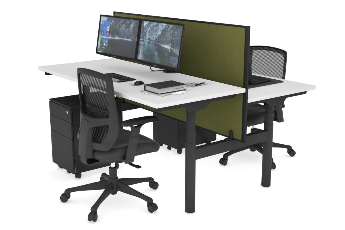 Flexi Premium Height Adjustable 2 Person H-Bench Workstation - Black Frame [1400L x 700W] Jasonl white green moss (820H x 1400W) none