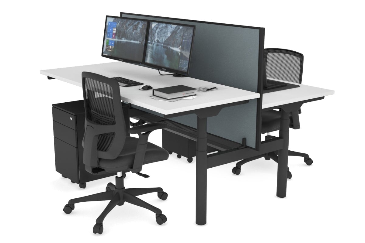 Flexi Premium Height Adjustable 2 Person H-Bench Workstation - Black Frame [1400L x 700W] Jasonl white cool grey (820H x 1400W) black cable tray