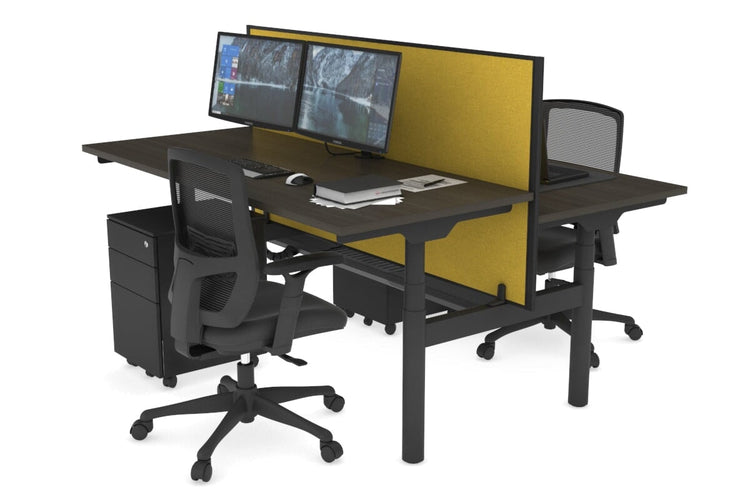 Flexi Premium Height Adjustable 2 Person H-Bench Workstation - Black Frame [1400L x 700W] Jasonl dark oak mustard yellow (820H x 1400W) black cable tray