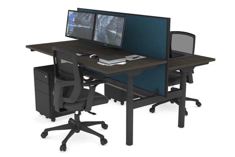 Flexi Premium Height Adjustable 2 Person H-Bench Workstation - Black Frame [1400L x 700W] Jasonl dark oak deep blue (820H x 1400W) black cable tray