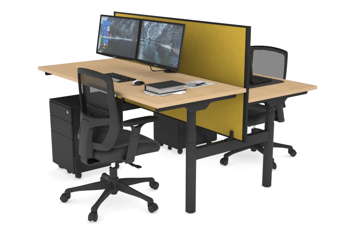 Flexi Premium Height Adjustable 2 Person H-Bench Workstation - Black Frame [1400L x 700W] Jasonl maple mustard yellow (820H x 1400W) none