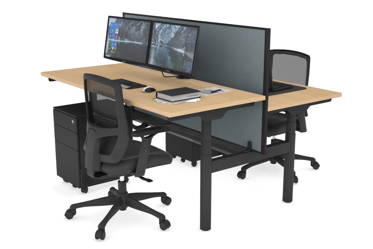 Flexi Premium Height Adjustable 2 Person H-Bench Workstation - Black Frame [1400L x 700W] Jasonl maple cool grey (820H x 1400W) black cable tray