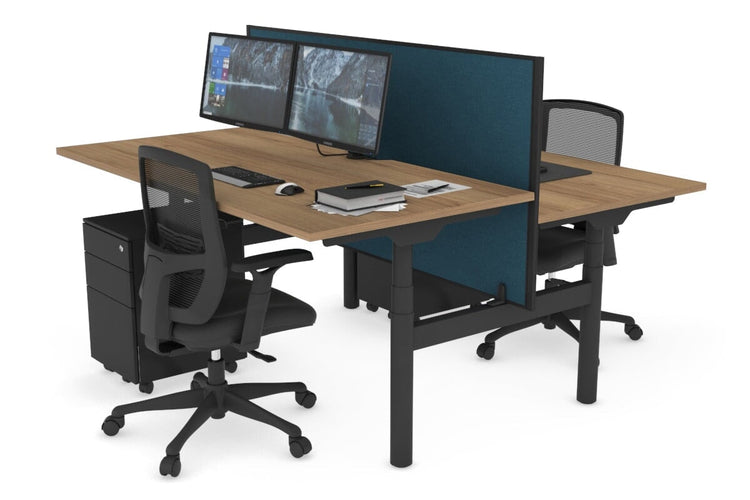 Flexi Premium Height Adjustable 2 Person H-Bench Workstation - Black Frame [1400L x 800W with Cable Scallop] Jasonl salvage oak deep blue (820H x 1400W) none