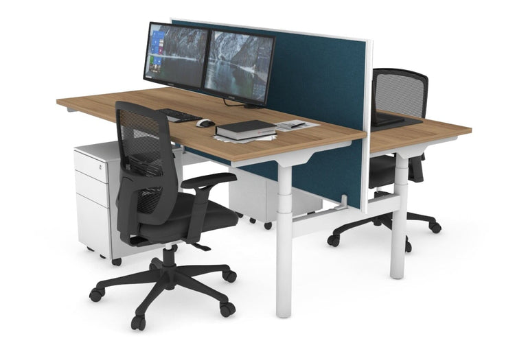 Flexi Premium Height Adjustable 2 Person H-Bench Workstation - White Frame [1400L x 700W] Jasonl salvage oak deep blue (820H x 1400W) none