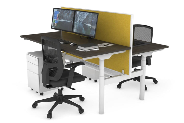 Flexi Premium Height Adjustable 2 Person H-Bench Workstation - White Frame [1400L x 700W] Jasonl dark oak mustard yellow (820H x 1400W) white cable tray