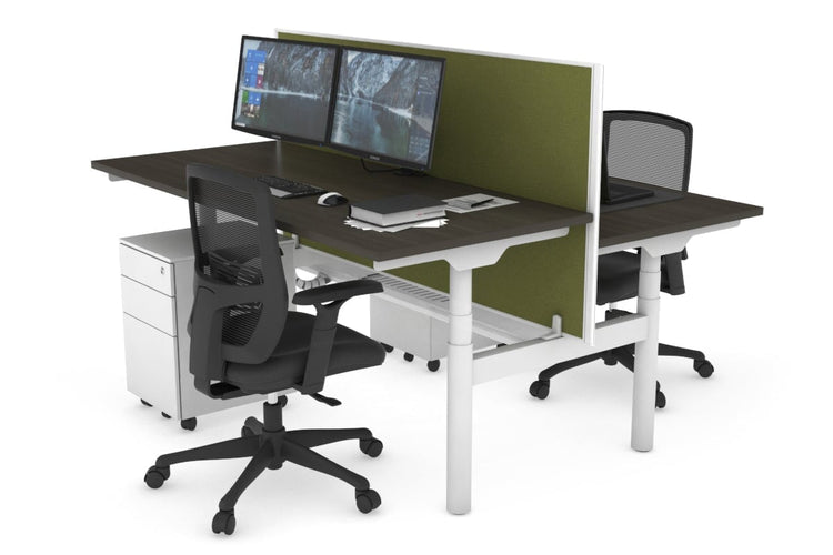 Flexi Premium Height Adjustable 2 Person H-Bench Workstation - White Frame [1400L x 700W] Jasonl dark oak green moss (820H x 1400W) white cable tray