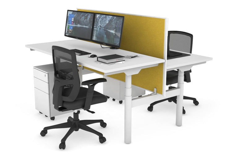 Flexi Premium Height Adjustable 2 Person H-Bench Workstation - White Frame [1400L x 700W] Jasonl white mustard yellow (820H x 1400W) none