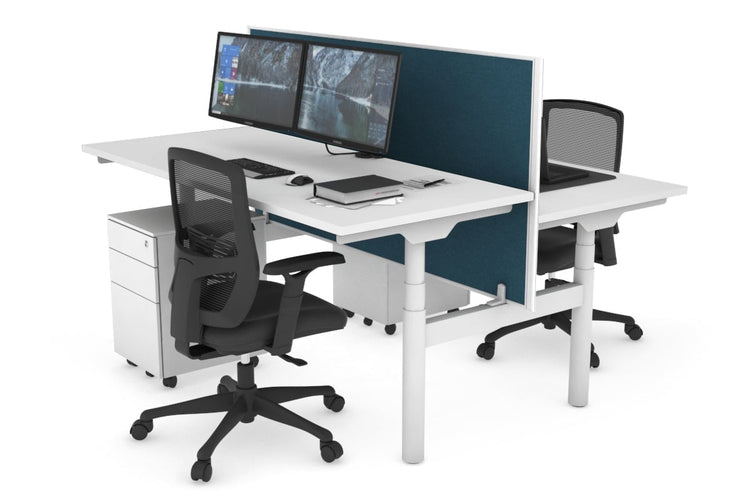 Flexi Premium Height Adjustable 2 Person H-Bench Workstation - White Frame [1400L x 700W] Jasonl white deep blue (820H x 1400W) none