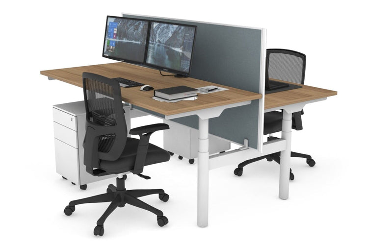 Flexi Premium Height Adjustable 2 Person H-Bench Workstation - White Frame [1400L x 700W] Jasonl salvage oak cool grey (820H x 1400W) none