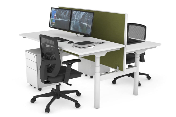 Flexi Premium Height Adjustable 2 Person H-Bench Workstation - White Frame [1400L x 700W] Jasonl white green moss (820H x 1400W) none