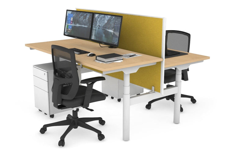 Flexi Premium Height Adjustable 2 Person H-Bench Workstation - White Frame [1400L x 700W] Jasonl maple mustard yellow (820H x 1400W) none