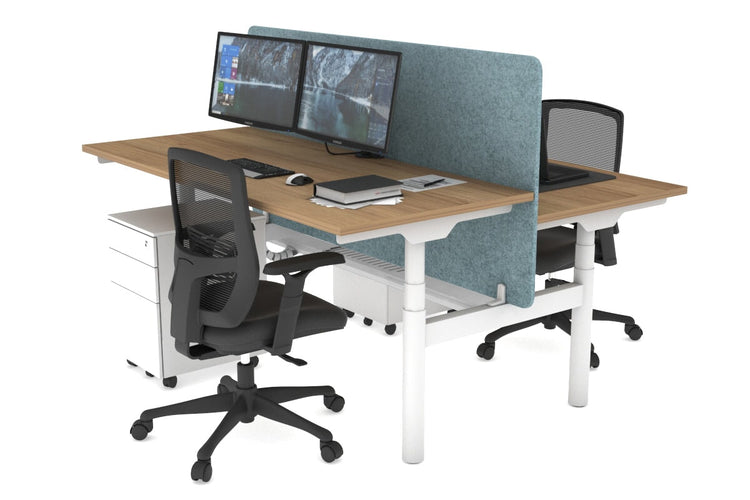 Flexi Premium Height Adjustable 2 Person H-Bench Workstation - White Frame [1400L x 700W] Jasonl salvage oak blue echo panel (820H x 1400W) white cable tray