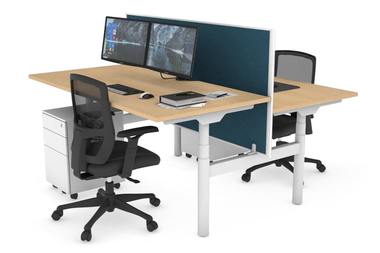 Flexi Premium Height Adjustable 2 Person H-Bench Workstation - White Frame [1400L x 800W with Cable Scallop] Jasonl maple deep blue (820H x 1400W) none