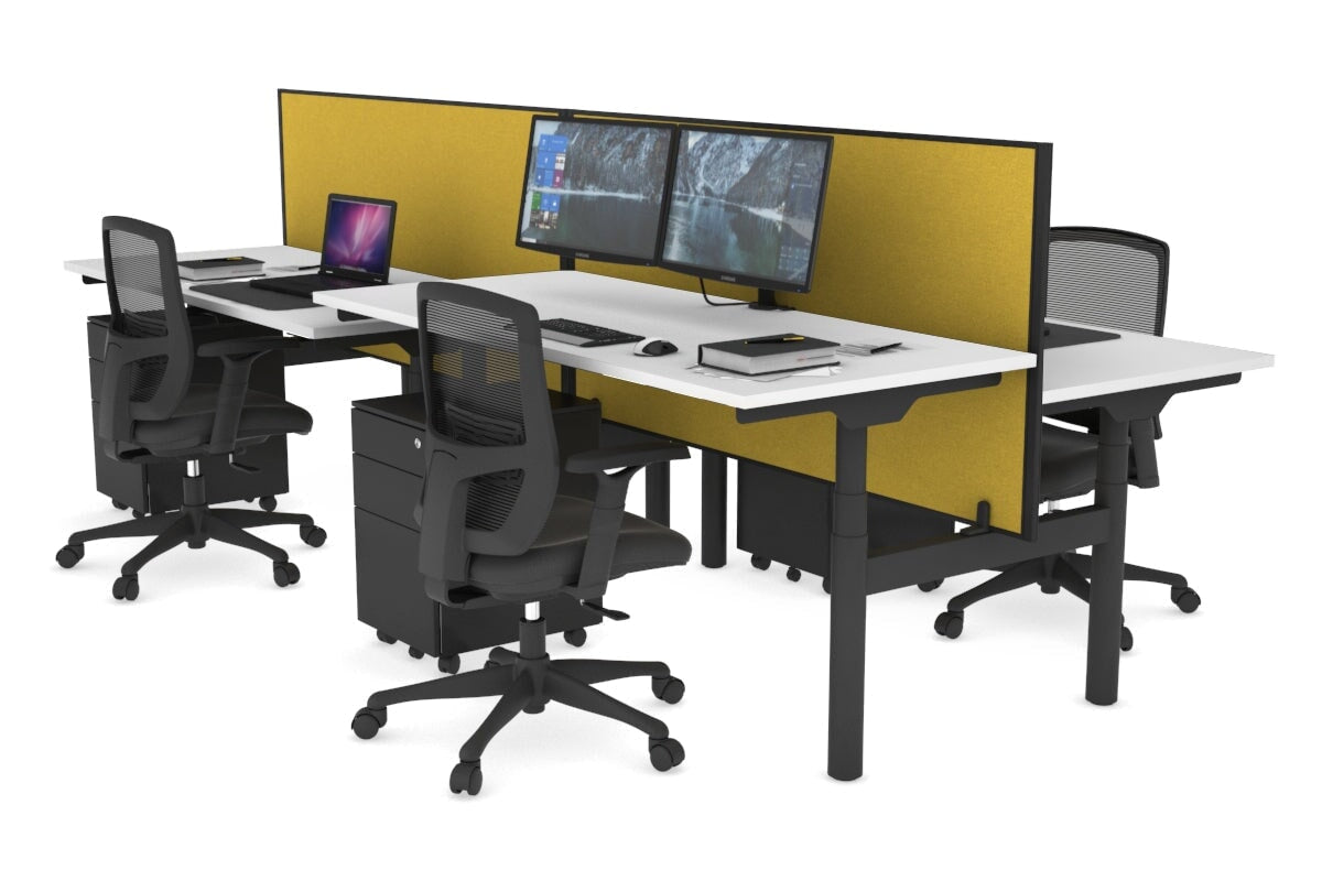 Flexi Premium Height Adjustable 4 Person H-Bench Workstation - Black Frame [1400L x 700W] Jasonl white mustard yellow (820H x 1400W) none