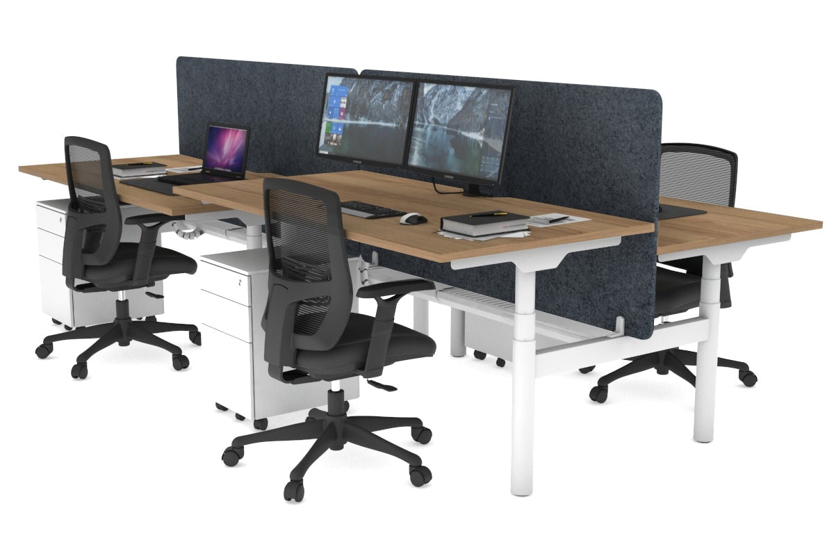 Flexi Premium Height Adjustable 4 Person H-Bench Workstation - White Frame [1400L x 800W with Cable Scallop] Jasonl salvage oak dark grey echo panel (820H x 1400W) white cable tray