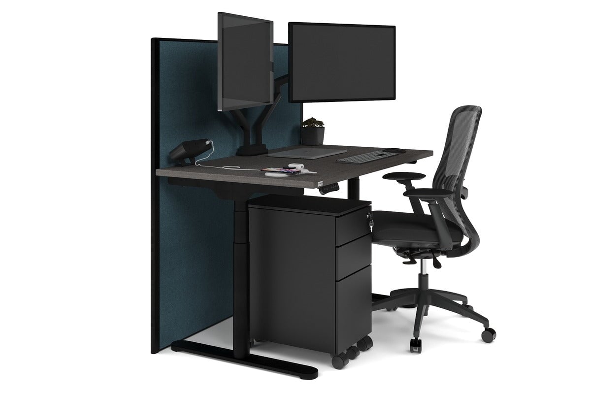 Flexi Premium Height Adjustable Single Workstation [1200L x 700W] Jasonl black leg dark oak deep blue (1200H x 1200W)