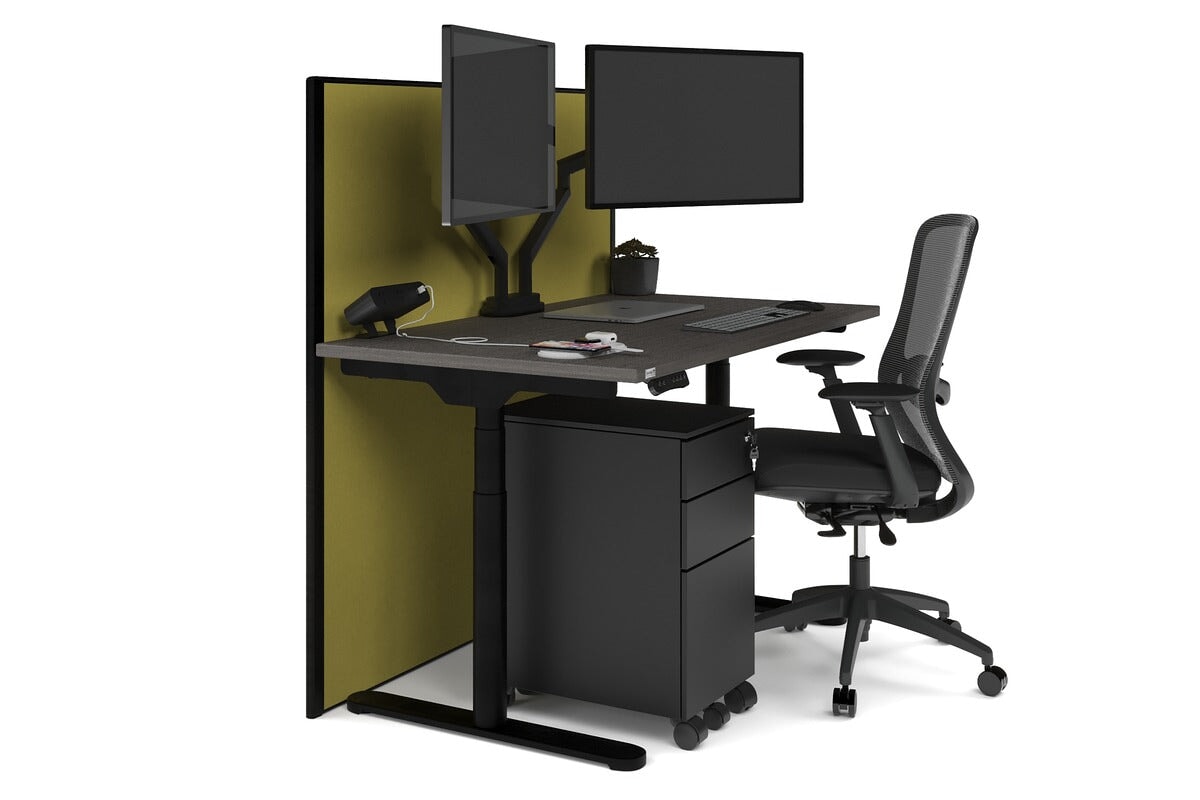 Flexi Premium Height Adjustable Single Workstation [1200L x 700W] Jasonl black leg dark oak mustard yellow (1200H x 1200W)