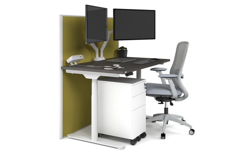 Flexi Premium Height Adjustable Single Workstation [1200L x 700W] Jasonl white leg dark oak mustard yellow (1200H x 1200W)