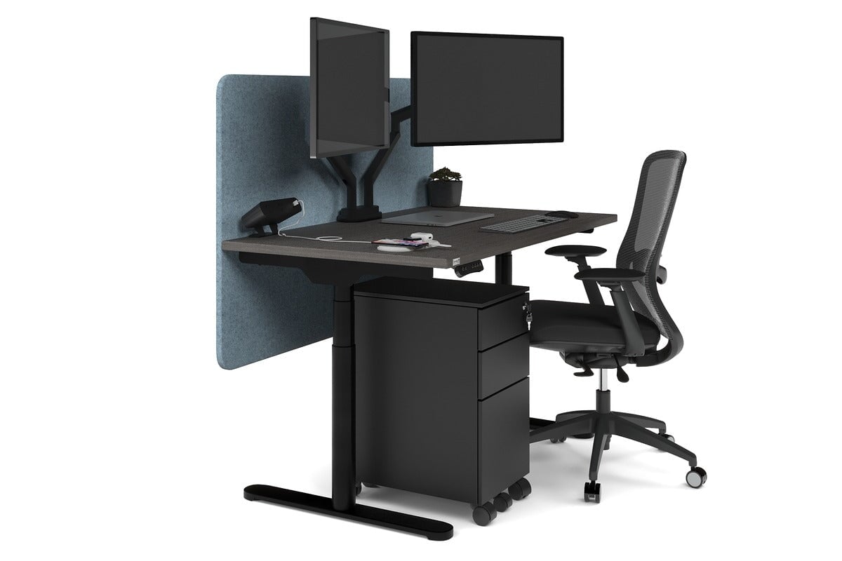 Flexi Premium Height Adjustable Single Workstation [1200L x 700W] Jasonl black leg dark oak blue echo panel (820H x 1200W)