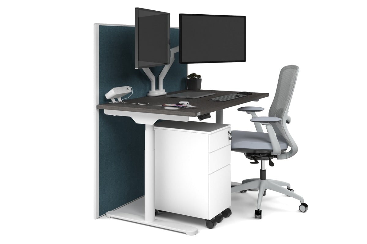 Flexi Premium Height Adjustable Single Workstation [1200L x 700W] Jasonl white leg dark oak deep blue (1200H x 1200W)