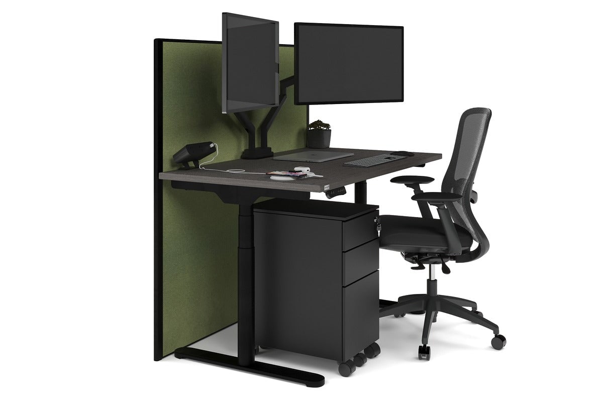 Flexi Premium Height Adjustable Single Workstation [1200L x 700W] Jasonl black leg dark oak green moss (1200H x 1200W)