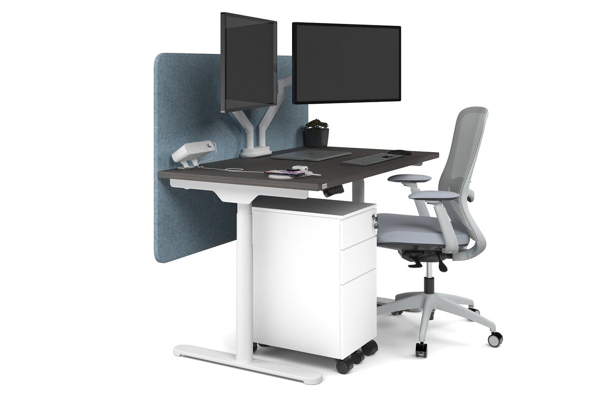 Flexi Premium Height Adjustable Single Workstation [1200L x 700W] Jasonl white leg dark oak blue echo panel (820H x 1200W)