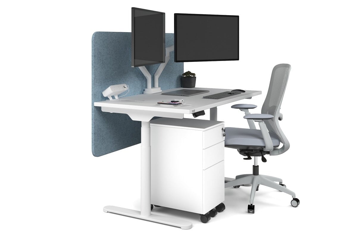 Flexi Premium Height Adjustable Single Workstation [1200L x 700W] Jasonl white leg white blue echo panel (820H x 1200W)