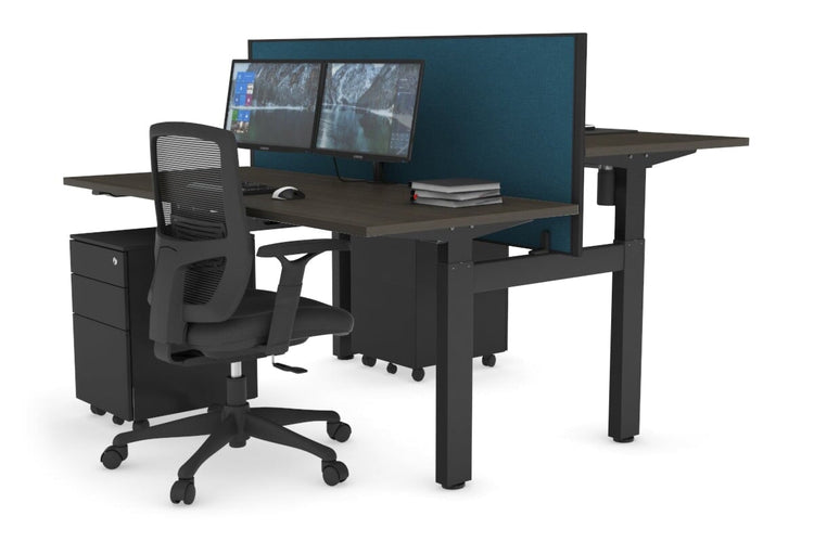 Just Right Height Adjustable 2 Person H-Bench Workstation - Black Frame [1400L x 700W] Jasonl dark oak deep blue (820H x 1400W) none