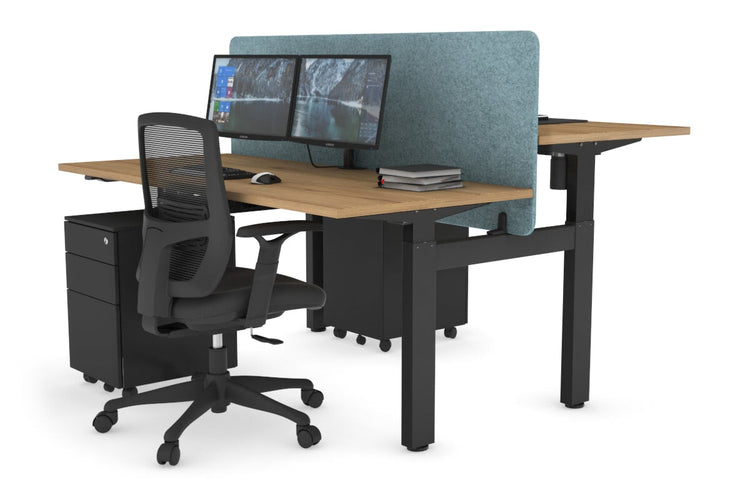 Just Right Height Adjustable 2 Person H-Bench Workstation - Black Frame [1400L x 700W] Jasonl salvage oak blue echo panel (820H x 1400W) none