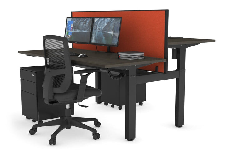 Just Right Height Adjustable 2 Person H-Bench Workstation - Black Frame [1400L x 700W] Jasonl dark oak squash orange (820H x 1400W) black cable tray