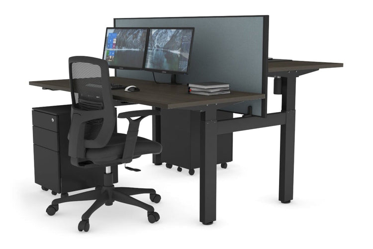 Just Right Height Adjustable 2 Person H-Bench Workstation - Black Frame [1400L x 700W] Jasonl dark oak cool grey (820H x 1400W) none