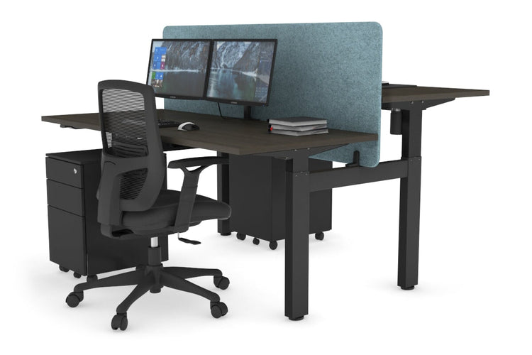 Just Right Height Adjustable 2 Person H-Bench Workstation - Black Frame [1400L x 700W] Jasonl dark oak blue echo panel (820H x 1400W) none