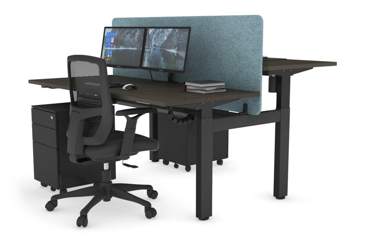 Just Right Height Adjustable 2 Person H-Bench Workstation - Black Frame [1400L x 700W] Jasonl dark oak blue echo panel (820H x 1400W) black cable tray