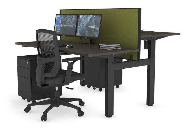 Just Right Height Adjustable 2 Person H-Bench Workstation - Black Frame [1400L x 700W] Jasonl dark oak green moss (820H x 1400W) none