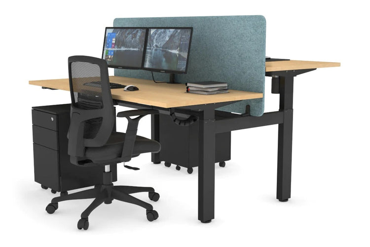 Just Right Height Adjustable 2 Person H-Bench Workstation - Black Frame [1400L x 700W] Jasonl maple blue echo panel (820H x 1400W) black cable tray