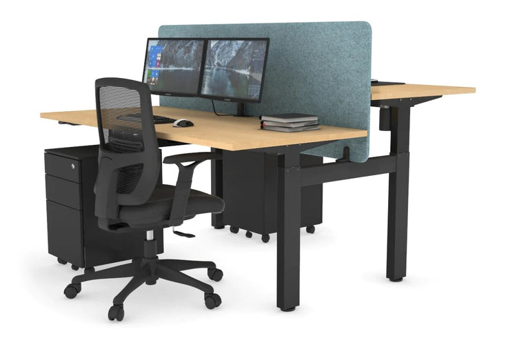 Just Right Height Adjustable 2 Person H-Bench Workstation - Black Frame [1400L x 700W] Jasonl maple blue echo panel (820H x 1400W) none