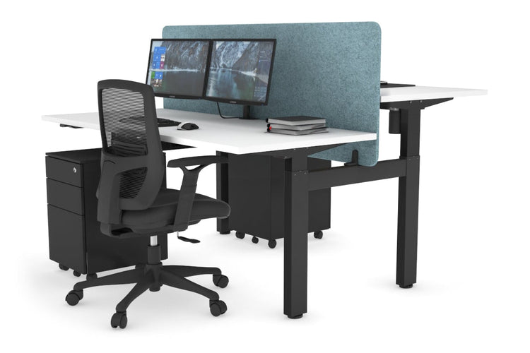 Just Right Height Adjustable 2 Person H-Bench Workstation - Black Frame [1400L x 700W] Jasonl white blue echo panel (820H x 1400W) none