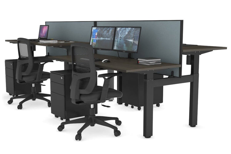 Just Right Height Adjustable 4 Person H-Bench Workstation - Black Frame [1400L x 700W] Jasonl dark oak cool grey (820H x 1400W) none