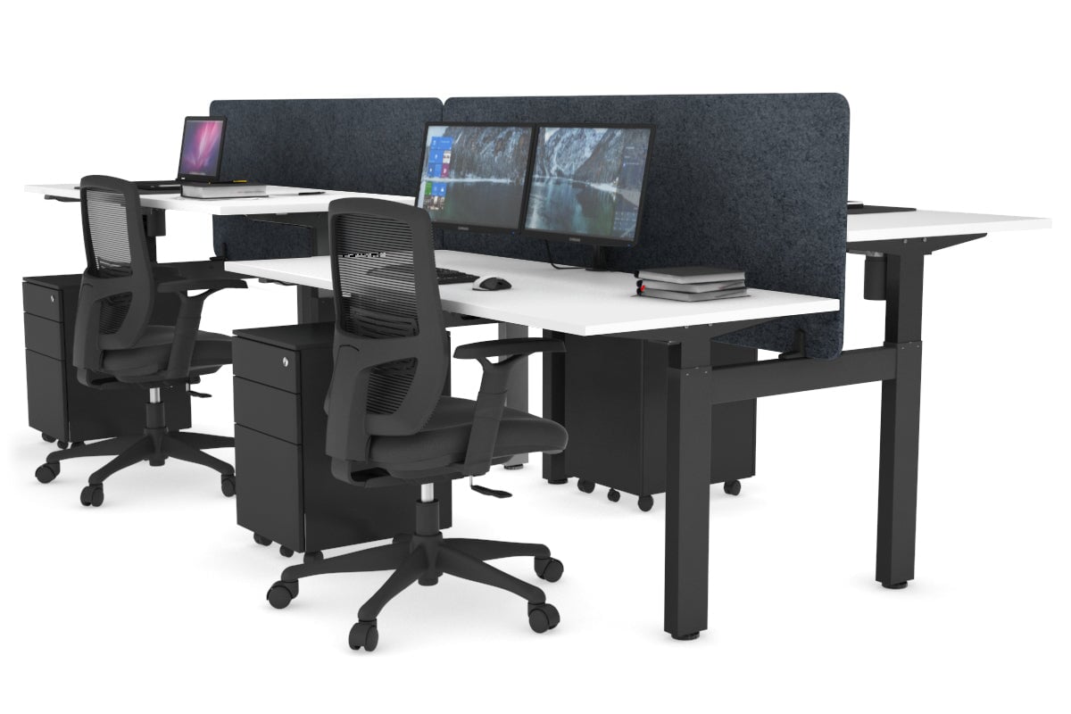 Just Right Height Adjustable 4 Person H-Bench Workstation - Black Frame [1400L x 700W] Jasonl white dark grey echo panel (820H x 1400W) none