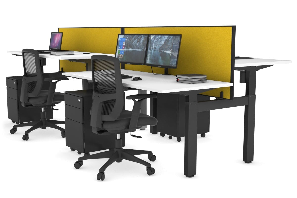 Just Right Height Adjustable 4 Person H-Bench Workstation - Black Frame [1400L x 700W] Jasonl white mustard yellow (820H x 1400W) none