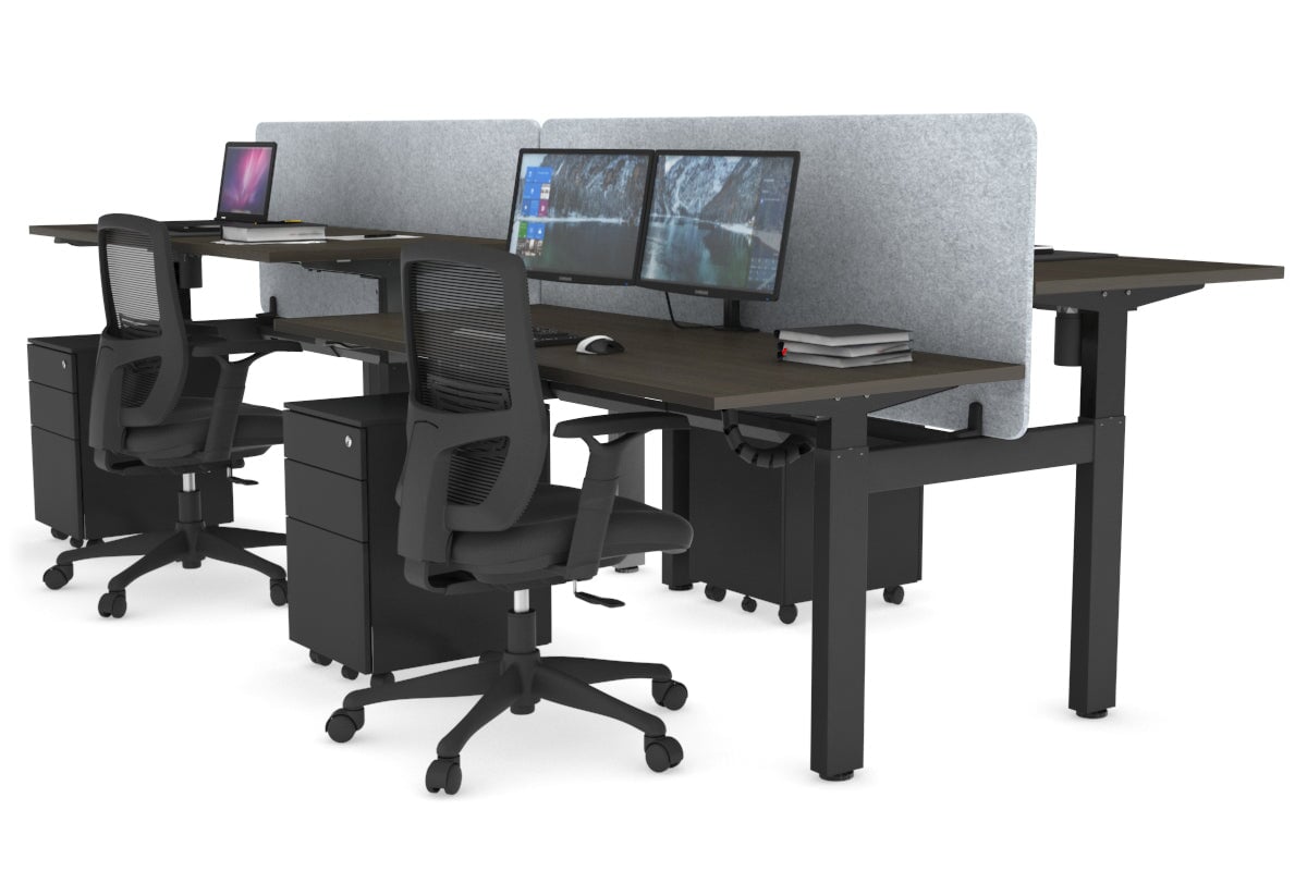 Just Right Height Adjustable 4 Person H-Bench Workstation - Black Frame [1400L x 700W] Jasonl dark oak light grey echo panel (820H x 1400W) black cable tray