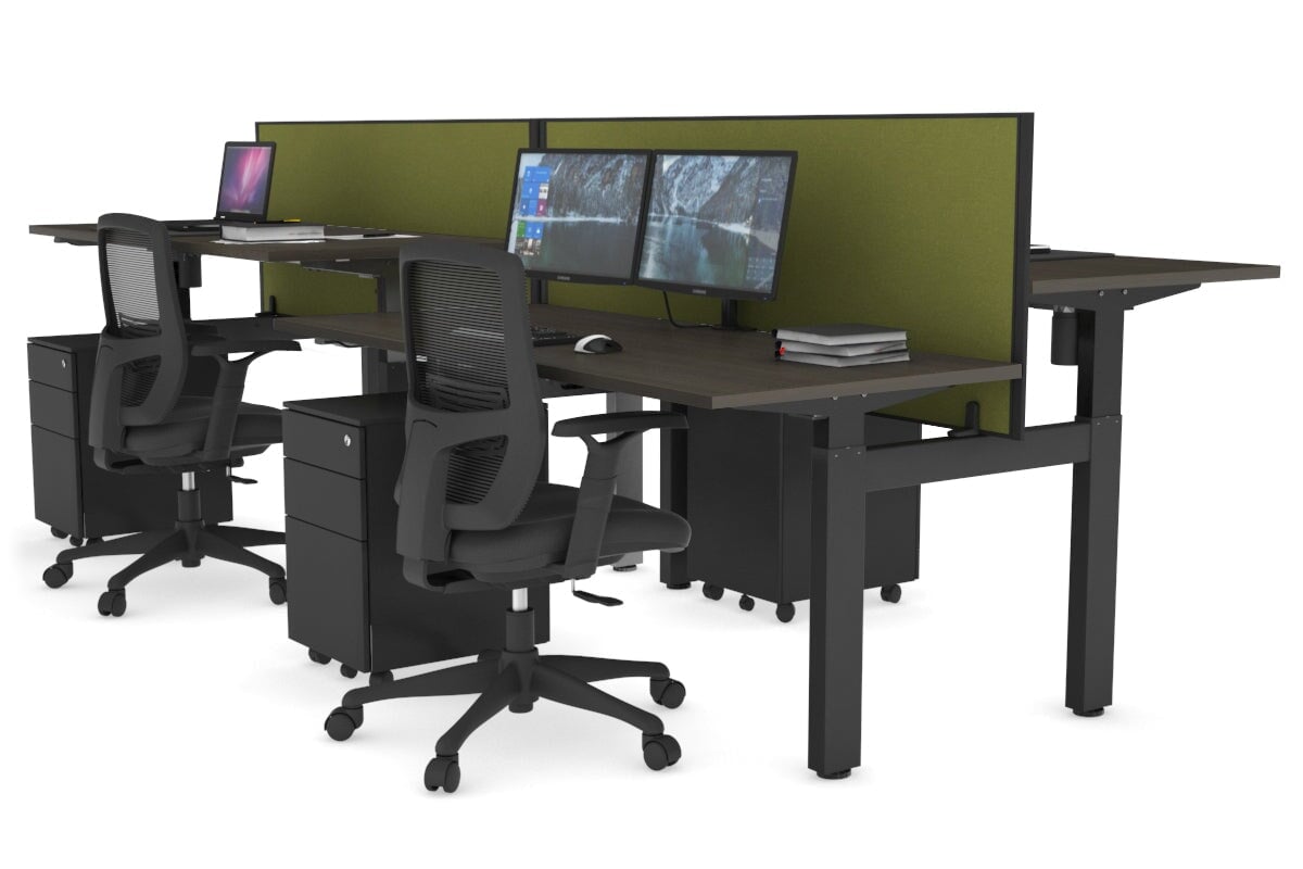 Just Right Height Adjustable 4 Person H-Bench Workstation - Black Frame [1400L x 700W] Jasonl dark oak green moss (820H x 1400W) none