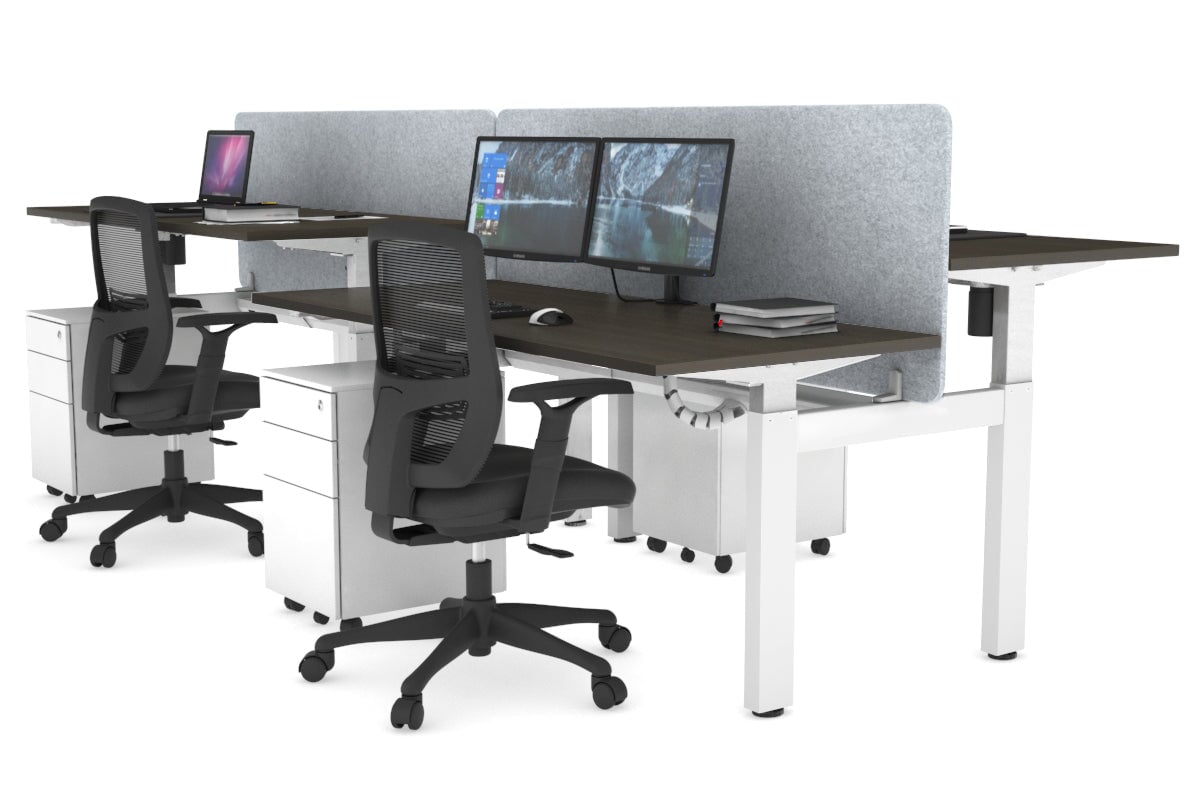 Just Right Height Adjustable 4 Person H-Bench Workstation - White Frame [1400L x 700W] Jasonl dark oak light grey echo panel (820H x 1400W) white cable tray