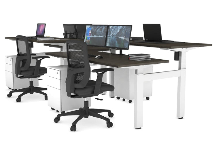 Just Right Height Adjustable 4 Person H-Bench Workstation - White Frame [1400L x 700W] Jasonl dark oak none none